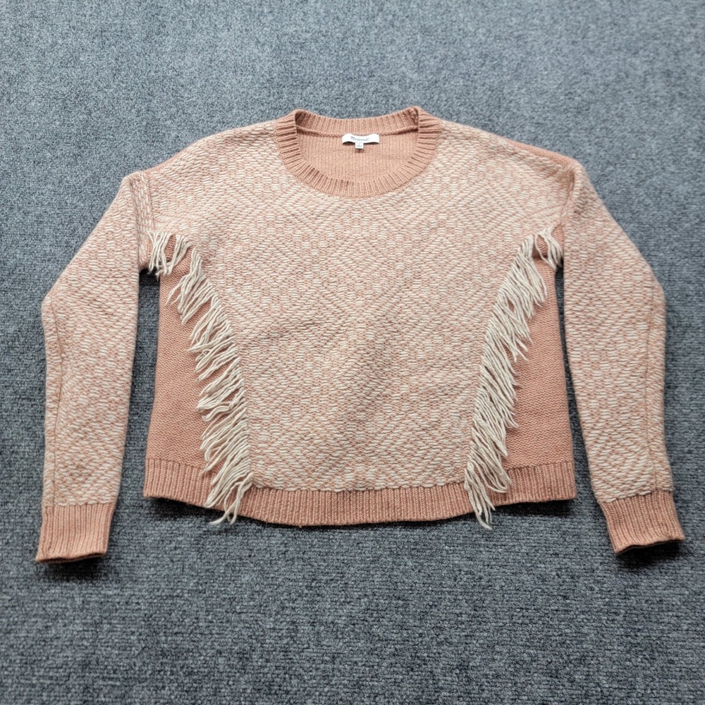 Madewell Merino Wool Fringe Diamond Knit Sweater Pink Small Cropped